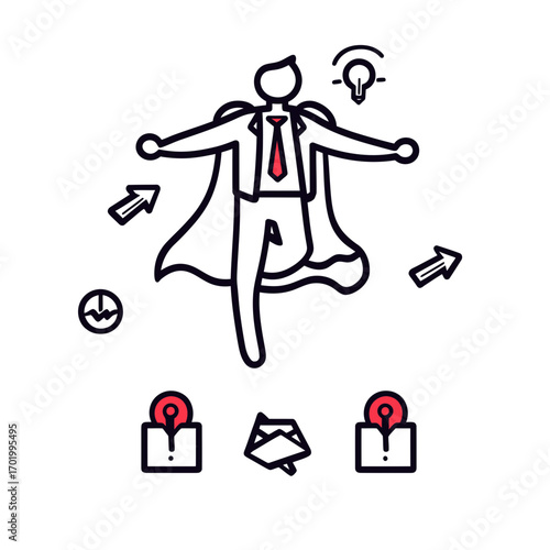 Superhero business man flying with cape and tie surrounded by lightbulb idea, growth arrows, analytics icons in minimalist line style vector illustration