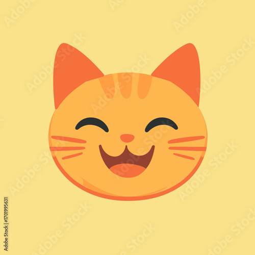 Happy smiling orange cat face with closed eyes and whiskers on light yellow background vector illustration emoji style animal expression icon design