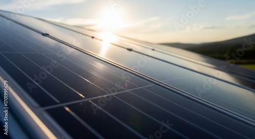 Solar Panel Array Gleaming Under Sunlight, Producing Renewable Energy Source