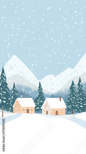 Winter landscape with snow-covered wooden houses, fir trees, mountains, and falling snowflakes in minimalist flat vector style