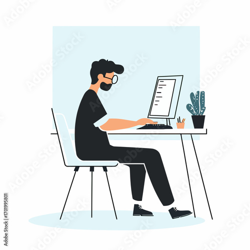 Young man working on desktop computer in modern minimalist office setting with potted plant and stationery on desk vector illustration