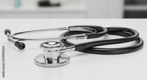 Medical stethoscope rests neatly on a clean, white surface in a hospital.
