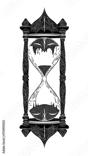 Intricate black and white ornate hourglass with decorative filigree patterns and flowing sand in minimalist vector style illustration on white background