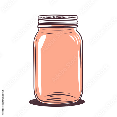 Hand drawn vintage glass mason jar with metal screw lid in flat minimalist vector style isolated on white background for packaging and decoration