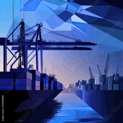 Abstract low poly cargo shipping port with container cranes, cargo ships, and stacked containers in blue digital vector mesh style illustration for logistics and transport concept