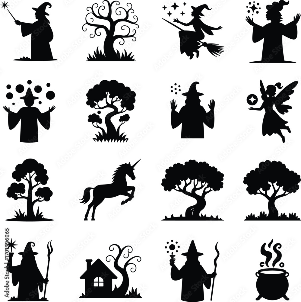 Obraz premium Magical fantasy silhouettes collection, wizard casting spells, flying witch on broomstick, fairy with wings, unicorn, enchanted trees, magical house, fantasy magic symbols