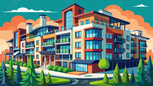 Modern European complex of apartment buildings, sleek white facades with glass balconies, landscaped courtyards, and minimalist lighting, combining urban sophistication with functional design and natu
