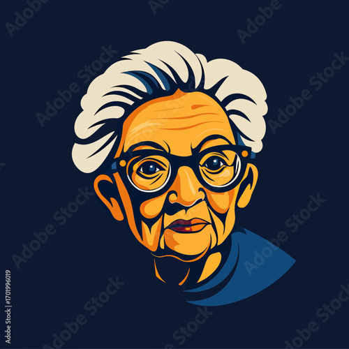 Vector portrait of elderly woman with glasses white hair and wrinkles in minimalist flat style for t-shirt graphic design or avatar illustration concept