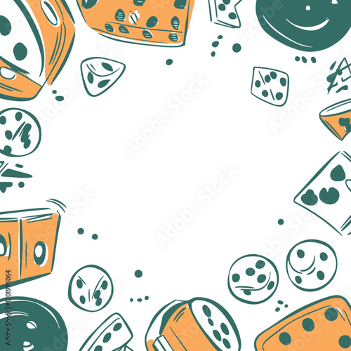 Hand drawn colorful dice and game pieces frame with doodle sketch style isolated on white background for board game design or competition banner vector illustration