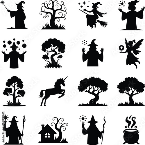 Magical fantasy silhouettes collection, wizard casting spells, flying witch on broomstick, fairy with wings, unicorn, enchanted trees, magical house, fantasy magic symbols