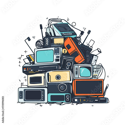 Pile of electronic waste with old computers monitors radios and televisions in flat minimalist style vector illustration for technology recycling concept