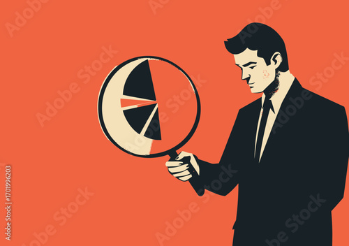 Businessman analyzing pie chart data with magnifying glass on orange background flat minimalist vector illustration concept of financial research and data analysis visualization