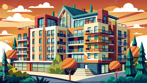 Modern European complex of apartment buildings, sleek white facades with glass balconies, landscaped courtyards, and minimalist lighting, combining urban sophistication with functional design and natu
