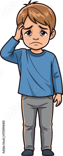 Sad Child Holding Head Feeling Sick	