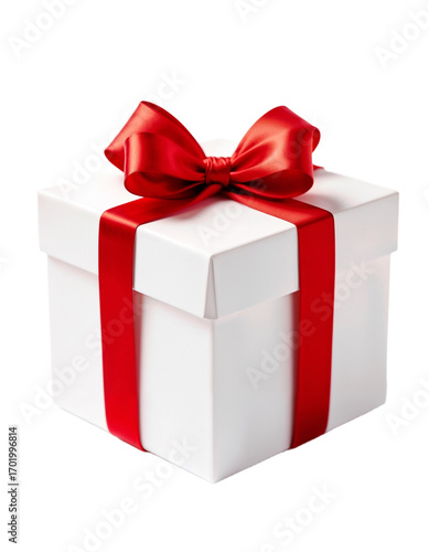 Elegant white gift box adorned with a vibrant red ribbon sits ready for celebration or special occasion