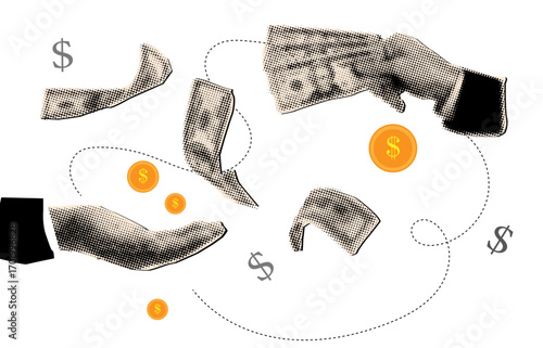 Trendy halftone collage financial concept,businessman hand holding dollars and giving another businessman