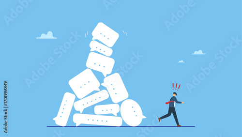 Businessman run away from collapsing stack of online speech bubble. Communication problem or overload, too many messages or spam, inefficient discussion or meeting.