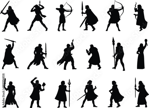 Medieval fantasy warriors silhouettes, sword fighting, archers aiming, spear holding, cloak wearing characters, battle poses, black silhouette warriors collection