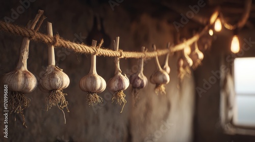 Wallpaper Mural Garlic bulbs hanging on a rope in rustic interior with warm light. Torontodigital.ca