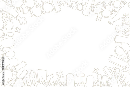 Outline illustration of a graveyard border with tombstones and bones on a white background