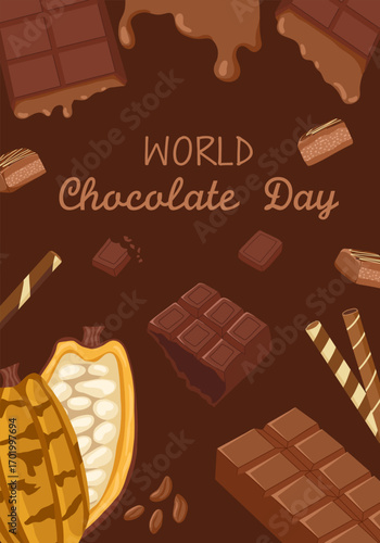 Chocolate poster with cacao fruits, bars, wafer rolls and dripping glaze on dark background. Vector hand drawn illustration for dessert menu design, patisserie branding and sweet advertising