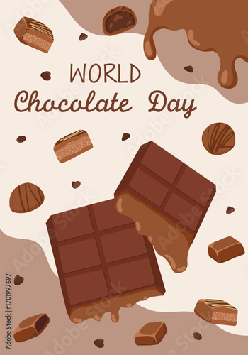 World Chocolate Day poster with dripping glaze, drops, candy and chocolate bars. Vector hand drawn illustration for dessert celebration and confectionery design on light beige background