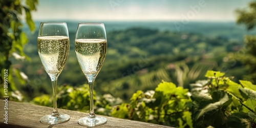 Two glasses of champagne and wine with grapes against vineyards in Aisne, France, overlooking rows of grapevines, rolling hills, and clear blue summer sky, perfect for wine concept