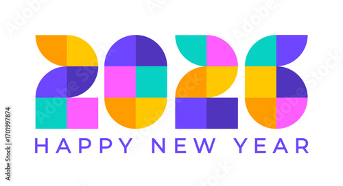 2026 happy new year geometric shape colorful typography text logo design template. Happy New Year 2026 text, use to business template, banners, background, poster, greeting card, and calendar cover.