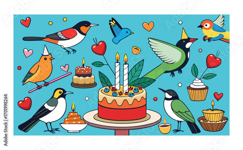 A symbolic doodle scene merging romantic swans, festive ribbons, birthday cake, and glowing candles with wedding doves in a love-filled composition