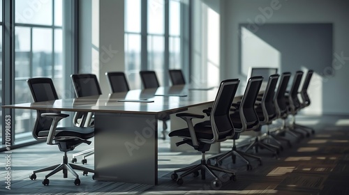 Conference table with sleek chairs in modern office interior, daylight reflections