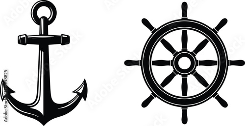 Nautical anchor and ship wheel silhouette illustration, maritime symbol vector, sailing navigation design, boat steering helm, marine travel decoration art