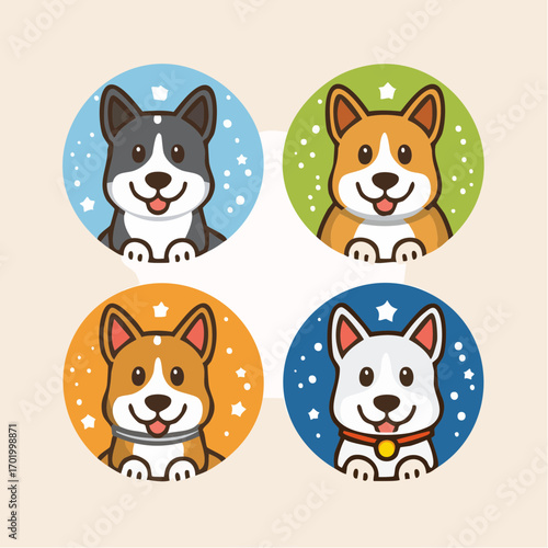 Set of 4 Cute Dog Icons with Stars and Dots on Color Circles, Vector Art
