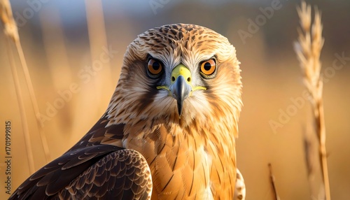 Close-up of a raptorial bird, showcasing its sharp gaze and intricate plumage against a soft, golden background.