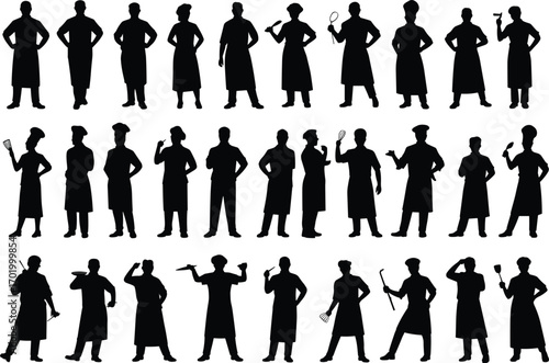 Silhouette collection of chefs with kitchen tools, cooking poses, professional uniforms, culinary concept, restaurant staff, kitchen team isolated vector