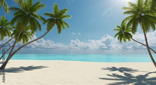 Tropical beach with white sand  clear turquoise water  and palm trees under bright blue sky  creating a perfect paradise vacation scene.
