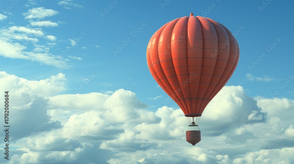 Fototapeta premium Red Hot Air Balloon Floating in Bright Blue Sky with Fluffy Clouds