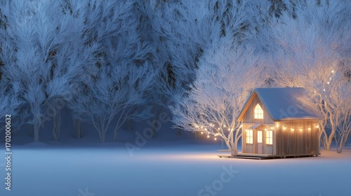 Wallpaper Mural Snowy winter landscape with cozy wooden house decorated with lights, symbol of warm celebration of New Year 2026 and Christmas Torontodigital.ca