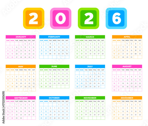 colorful Calendar 2026, 2026 calendar week start on Sunday and Annual schedule grid with 12 month. corporate business 2026 wall Calendar template. 2026  planner wall calendar week starts on Sunday. 