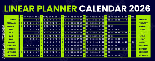 dark and green color Linear planner calendar for 2026. Horizontal or Landscape orientation grid 2026 Linear planner calendar week starts on Sunday. 2026 Linear calendar Annual schedule grid