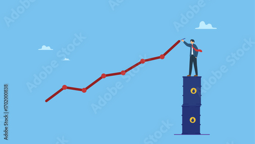 Businessman trader standing on stack of oil gallon drawing rising up graph. Oil price rising up, crude oil commodity price growth after crisis, high demand or energy or gasoline industry.