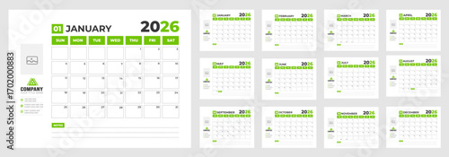 2026 business Calendar. corporate Monthly pages Planner Calendar Templates 2026 set. wall or desk simple 2026 Planner Calendar bundle with week start on Sunday. Set of 12 Month Wall quarterly calendar
