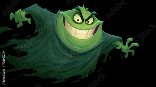 Vivid cartoon villain character with mischievous green face, sinister grin, spooky Halloween costume, animated horror monster, and playful evil expression