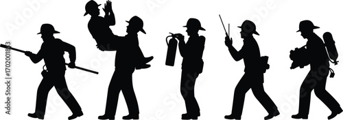 Silhouette illustration of firefighter team in action, rescue and emergency response concept, fire safety, heroic firemen working together