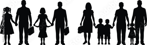 Silhouette family group walking together with children, parents holding hands, lifestyle concept, happy unity, bonding, black background, relationship, togetherness