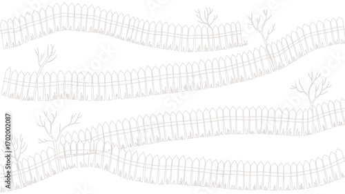 A series of white picket fences with small bare trees on a white background in a simple illustration