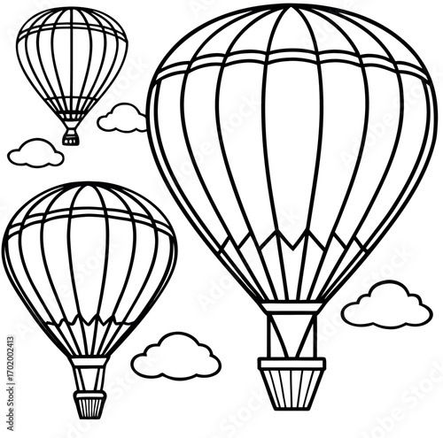 Black and white line art hot air balloons floating in the sky