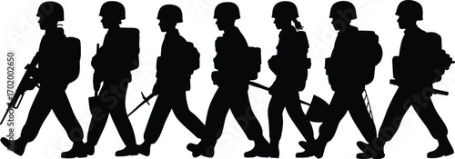 Silhouette of armed soldiers marching in line, military personnel walking with equipment, teamwork, war preparation, combat, unity, protection