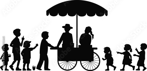 Silhouette of children and adults at an ice cream cart, summer fun, street vendor, outdoor activity, kids playing, family gathering, nostalgic scene