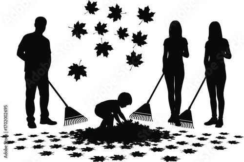 Silhouette family raking autumn leaves together, teamwork in garden, outdoor activity, children helping parents, seasonal yard work, bonding, fall background