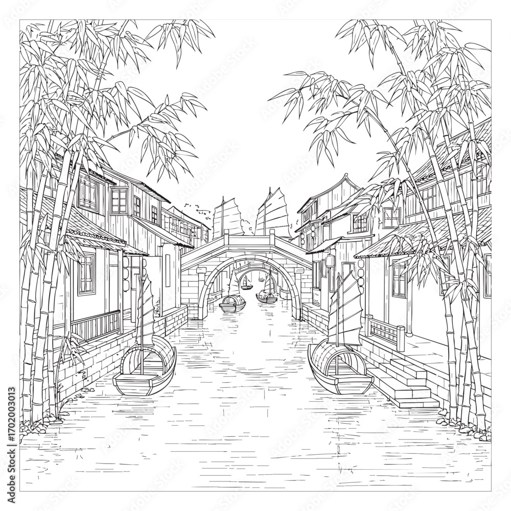 Obraz premium Ancient Chinese Village with Bridge – Line Art Black and White Illustration